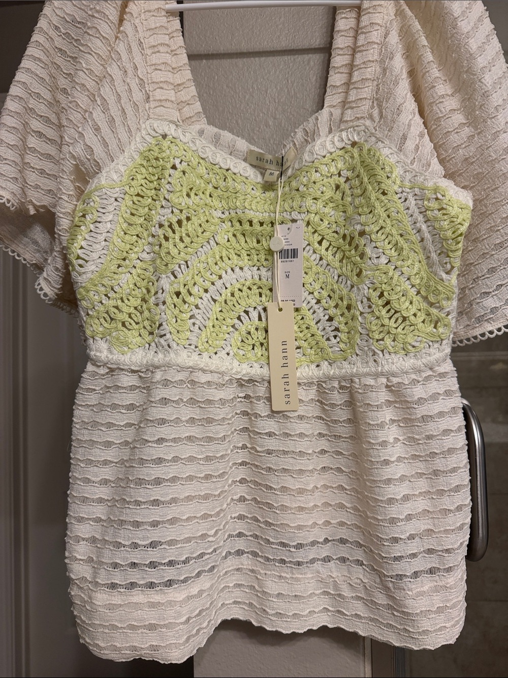 NWT Anthropologie Sarah Hann White & Lime Crochet-Detail Women's Top